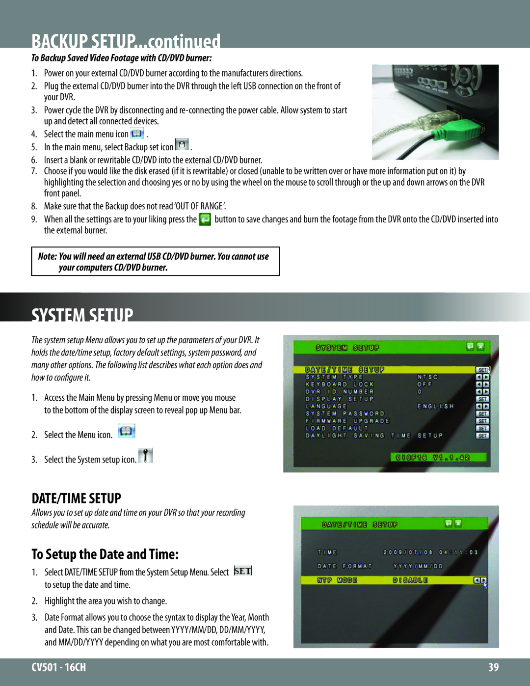 SVAT Electronics CV501 - 16CH instruction manual DATE/TIME Setup, To Setup the Date and Time 