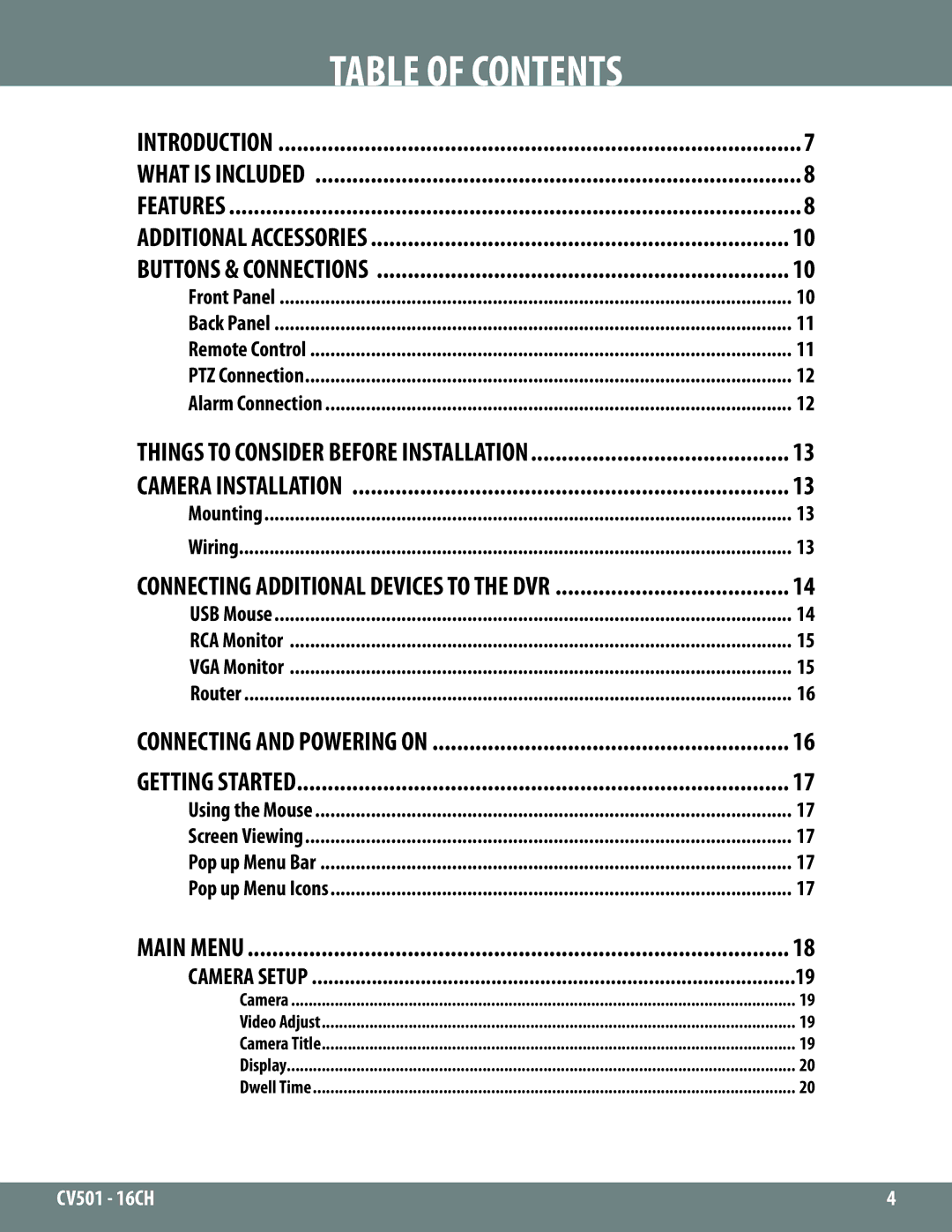 SVAT Electronics CV501 - 16CH instruction manual Table of Contents 