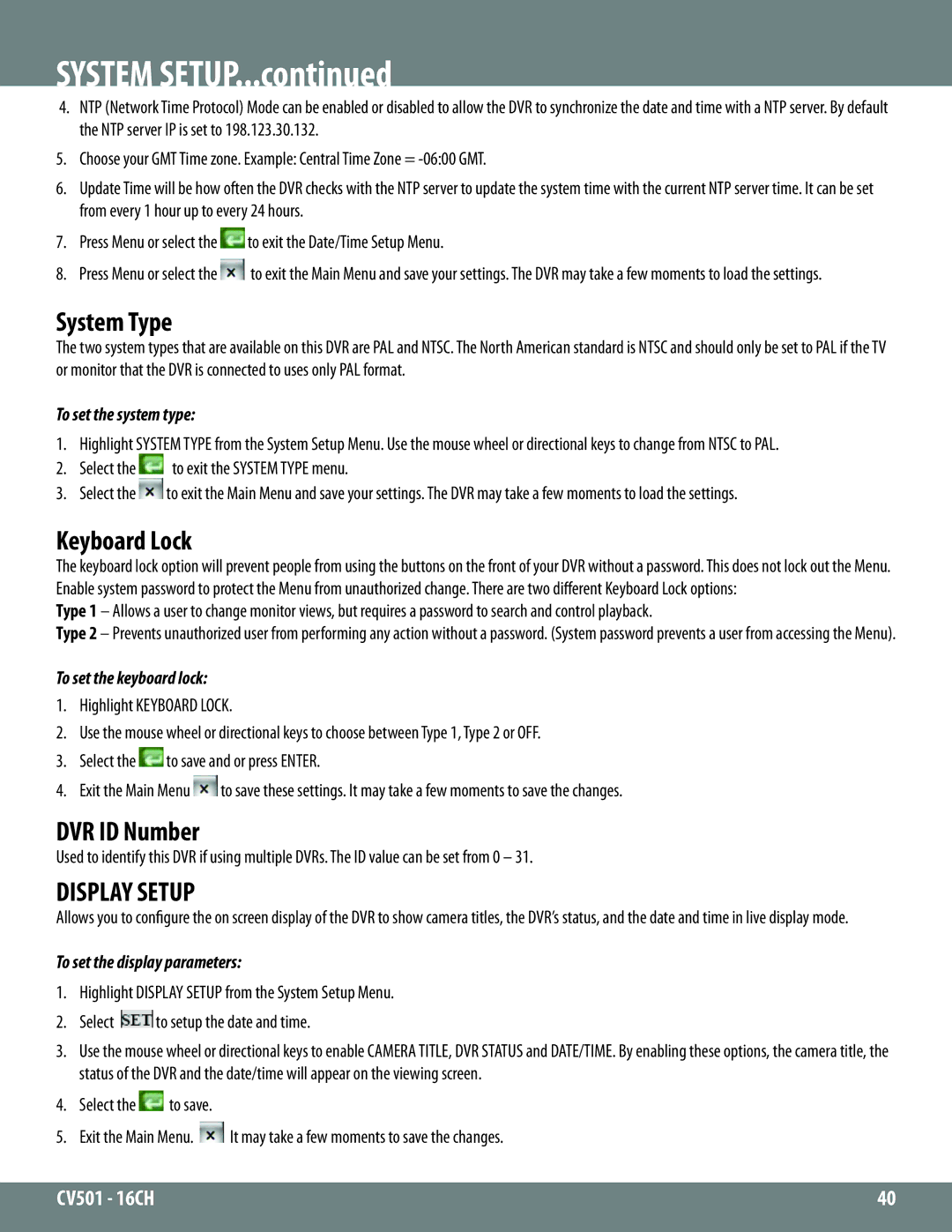 SVAT Electronics CV501 - 16CH instruction manual System Type, Keyboard Lock, DVR ID Number, Display Setup 