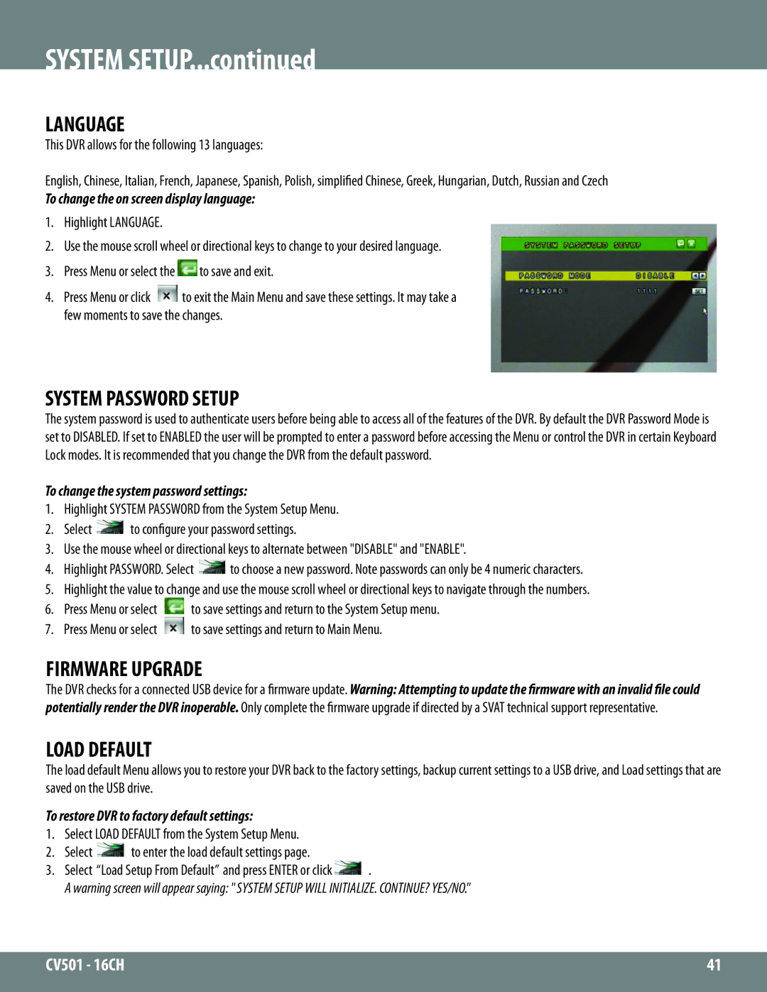 SVAT Electronics CV501 - 16CH instruction manual Language, System Password Setup, Firmware Upgrade, Load Default 