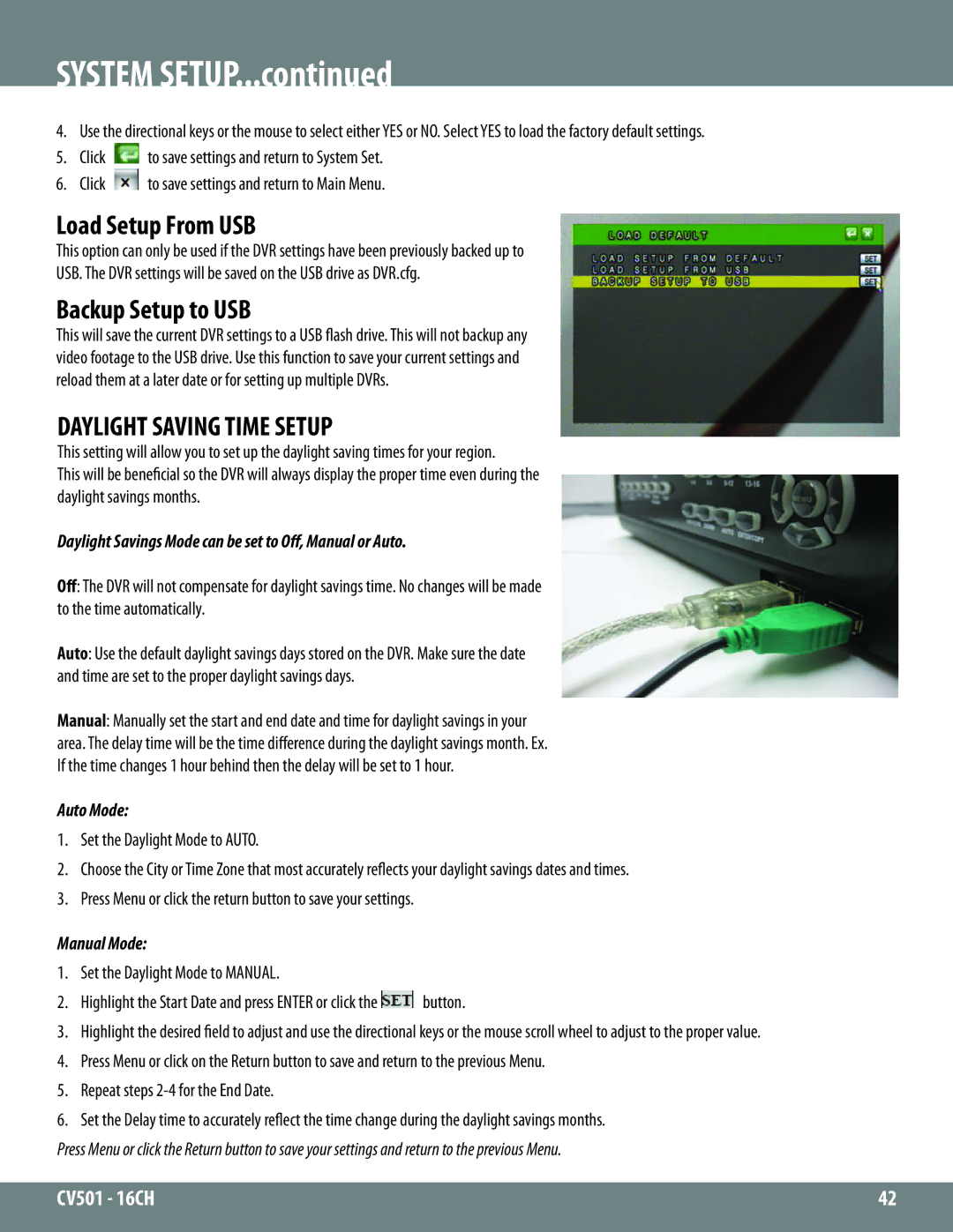 SVAT Electronics CV501 - 16CH instruction manual Load Setup From USB, Backup Setup to USB, Daylight Saving Time Setup 