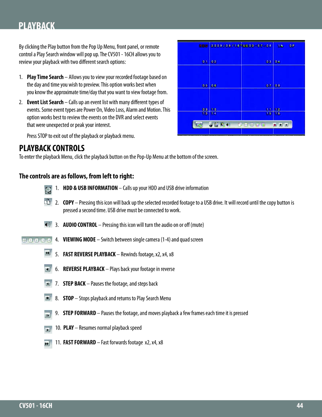 SVAT Electronics CV501 - 16CH instruction manual Playback Controls, Controls are as follows, from left to right 