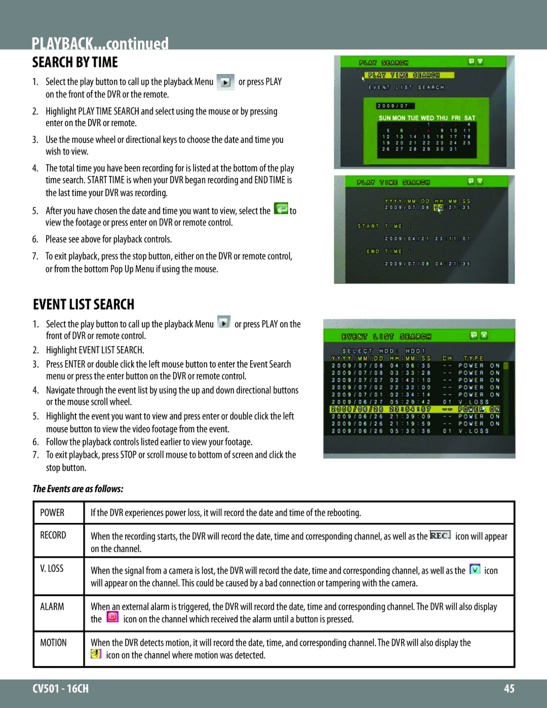 SVAT Electronics CV501 - 16CH instruction manual Playback, Search by Time, Event List Search, Events are as follows 