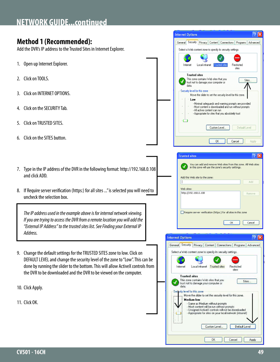 SVAT Electronics CV501 - 16CH instruction manual Network Guide, Method 1 Recommended, Click Apply Click OK 