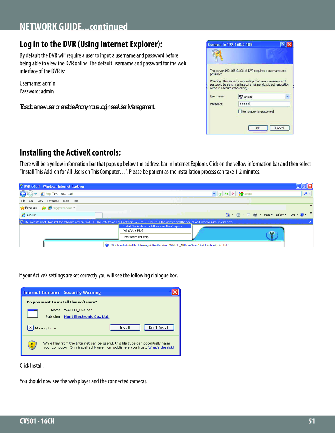 SVAT Electronics CV501 - 16CH instruction manual Log in to the DVR Using Internet Explorer, Installing the ActiveX controls 