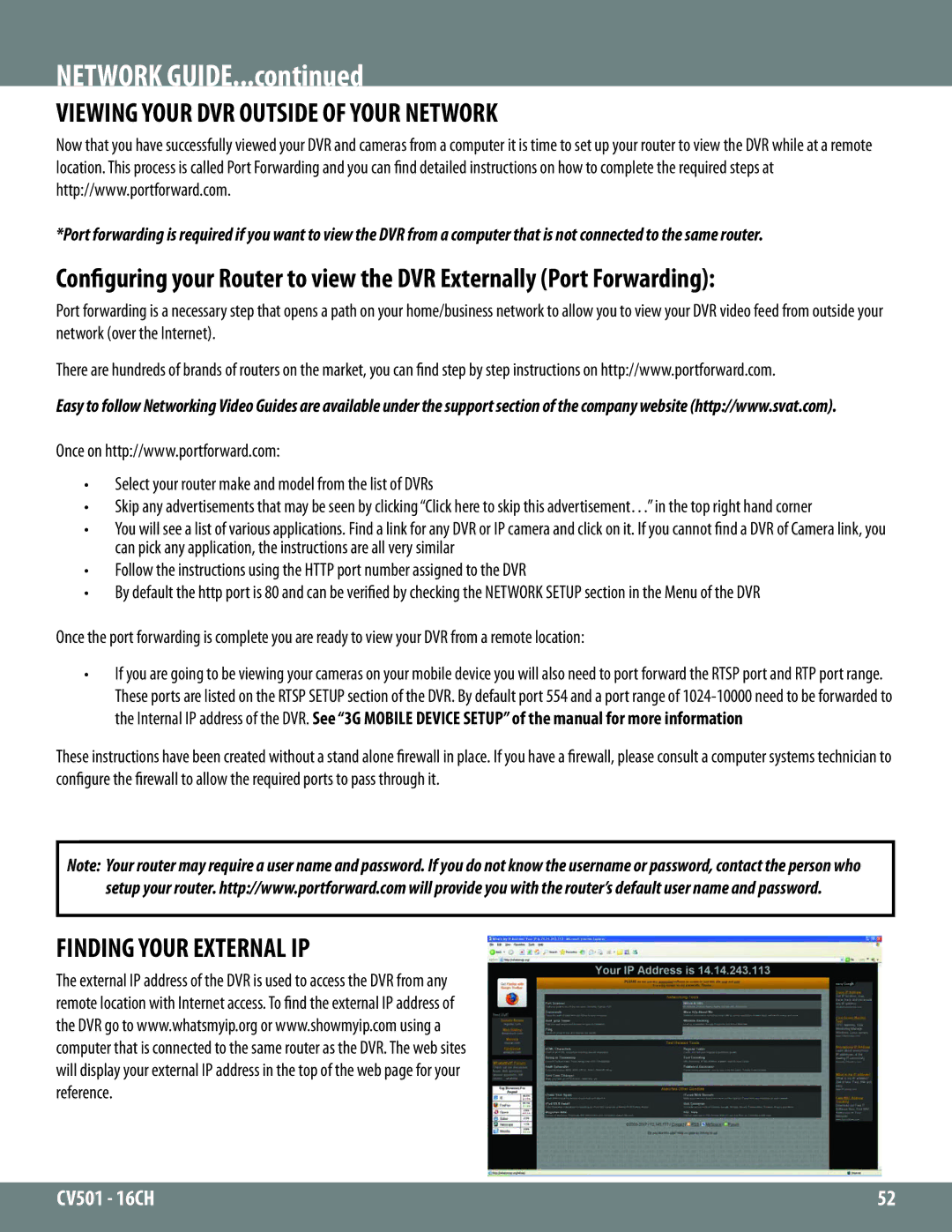 SVAT Electronics CV501 - 16CH instruction manual Viewing Your DVR Outside of Your Network, Finding Your External IP 