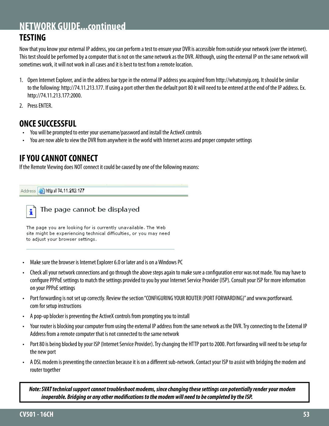 SVAT Electronics CV501 - 16CH instruction manual Testing, Once Successful, If YOU Cannot Connect 