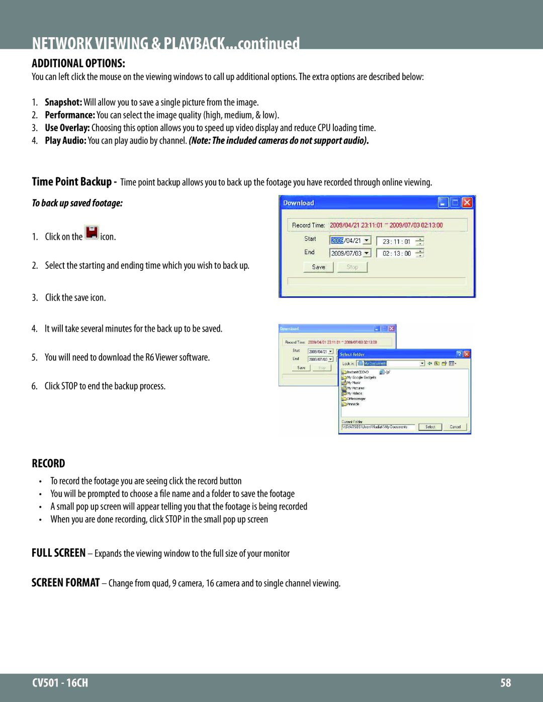 SVAT Electronics CV501 - 16CH instruction manual Additional Options, To back up saved footage 