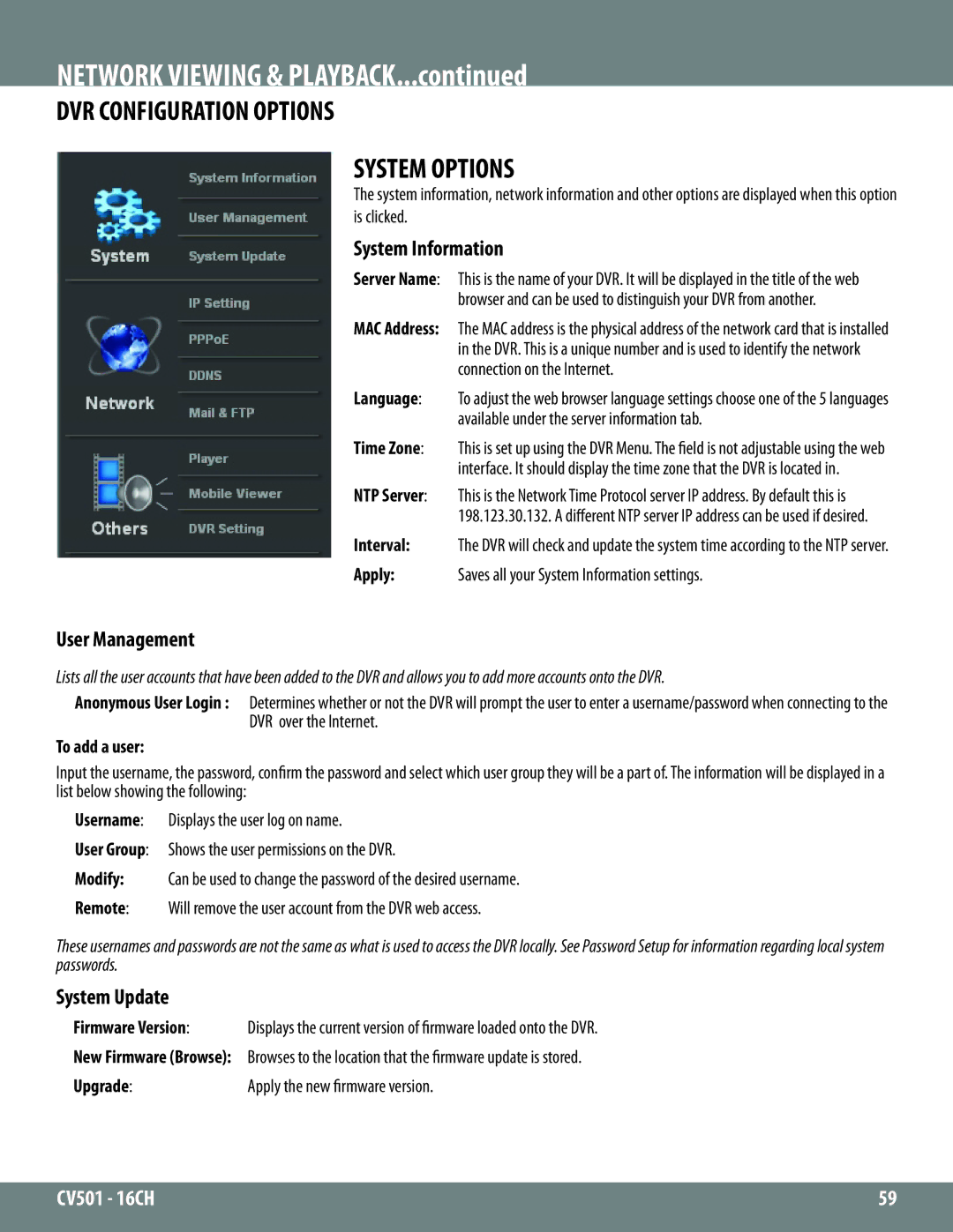 SVAT Electronics CV501 - 16CH DVR Configuration Options, System Information, User Management, System Update 