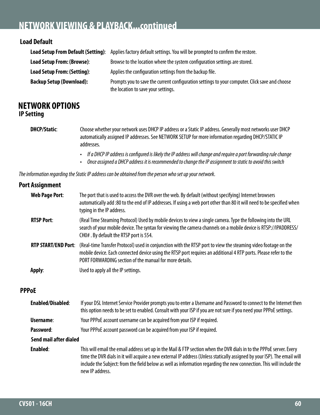 SVAT Electronics CV501 - 16CH instruction manual Load Default, IP Setting, Port Assignment, PPPoE 