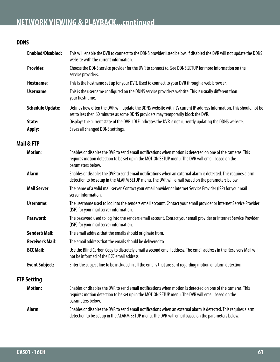 SVAT Electronics CV501 - 16CH instruction manual Mail & FTP, FTP Setting 