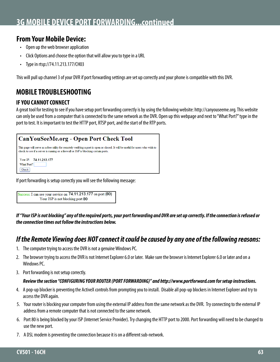 SVAT Electronics CV501 - 16CH 3G Mobile Device Port Forwarding, From Your Mobile Device, Mobile Troubleshooting 