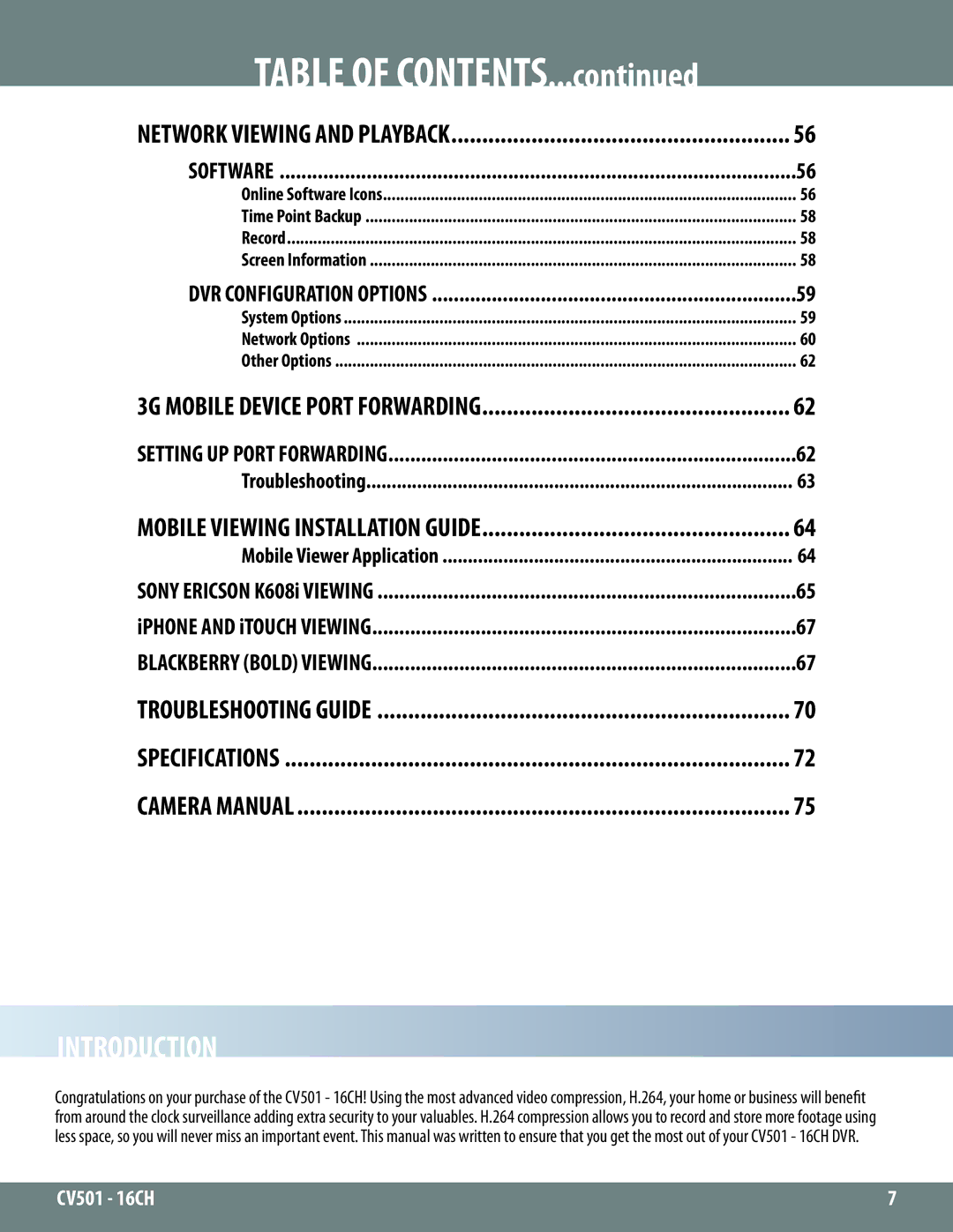 SVAT Electronics CV501 - 16CH instruction manual Introduction, Table of Contents 