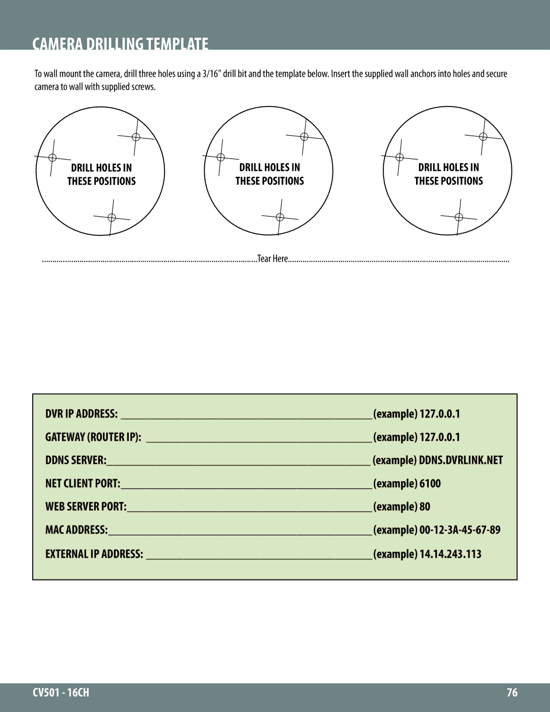 SVAT Electronics CV501 - 16CH instruction manual Camera Drilling Template, Networking Information, WEB Server PORTexample 