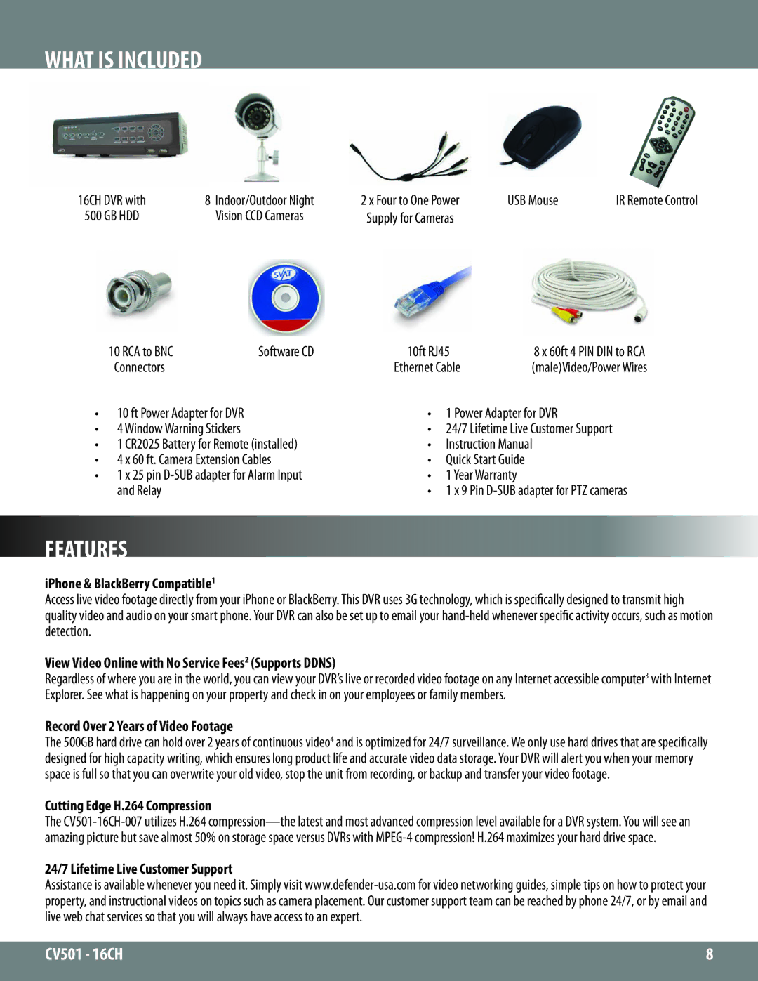 SVAT Electronics CV501 - 16CH instruction manual What is Included, Features 