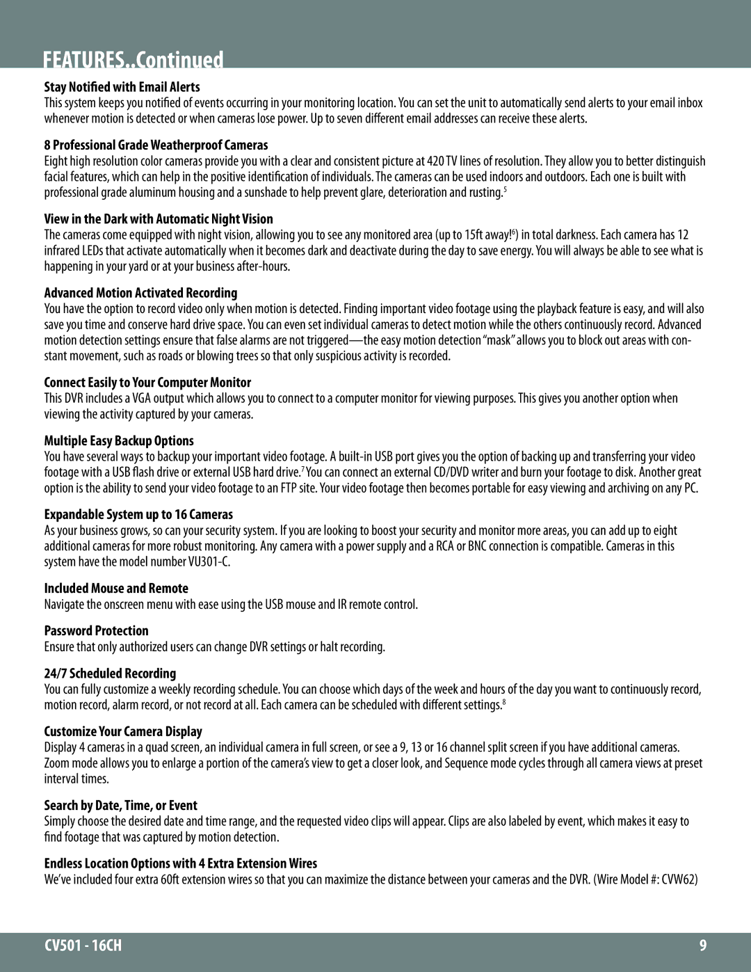 SVAT Electronics CV501 - 16CH instruction manual Features 