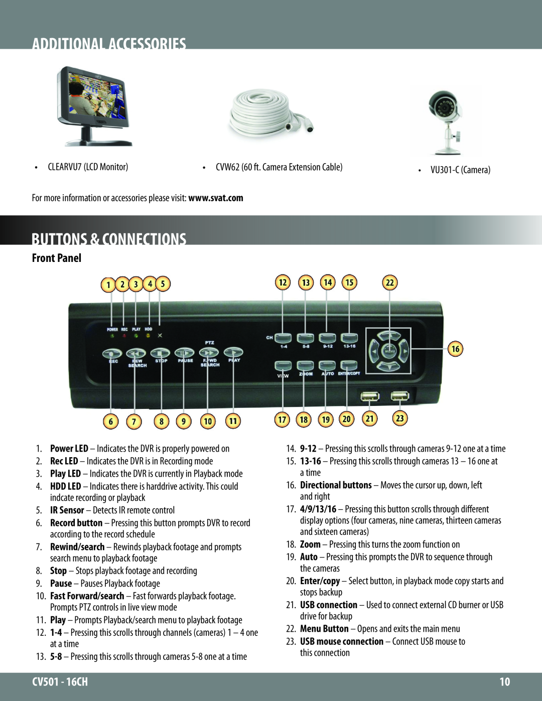 SVAT Electronics CV501 - 16CH instruction manual Additional Accessories, Buttons & Connections, Front Panel 