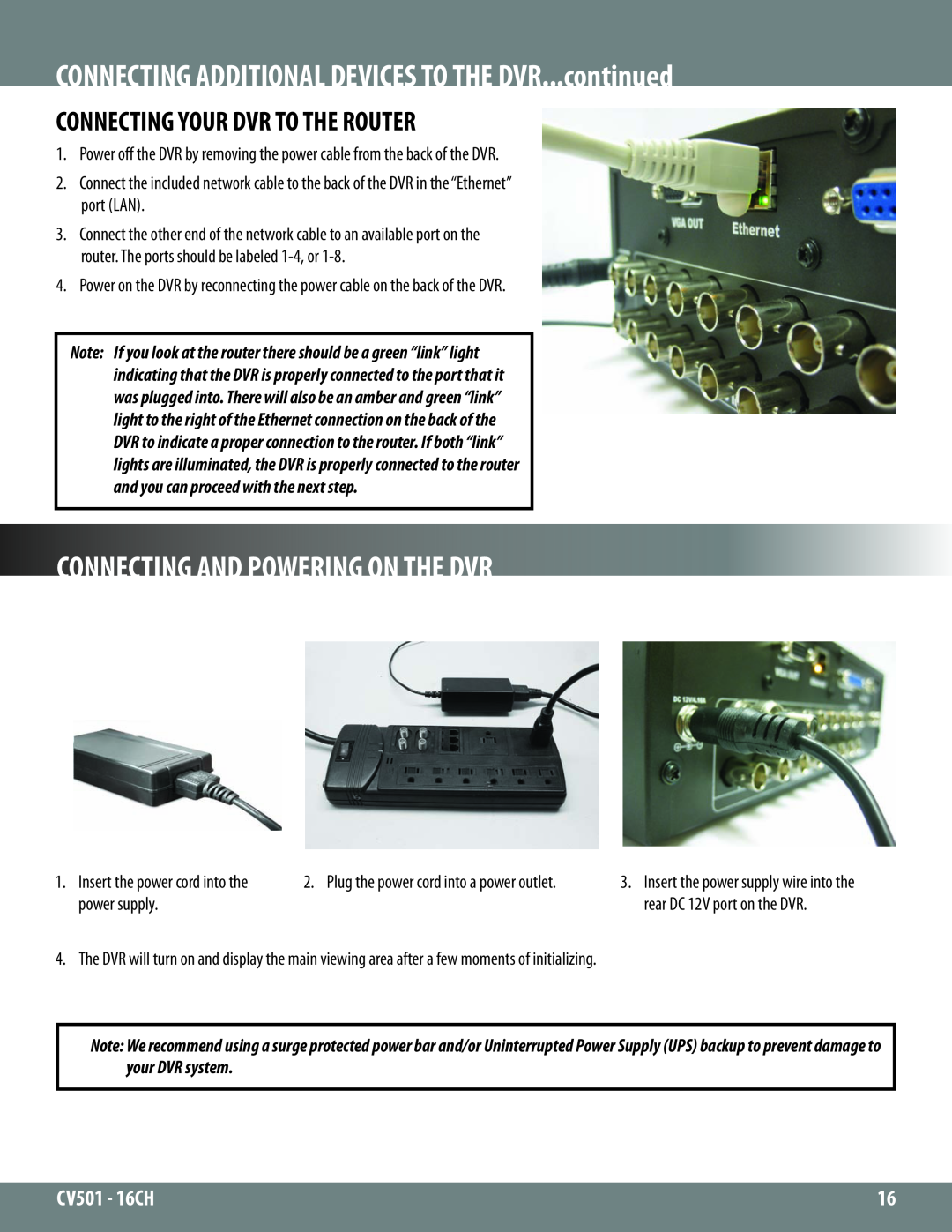 SVAT Electronics CV501 - 16CH instruction manual Connecting And Powering On The Dvr, Connecting Your Dvr To The Router 