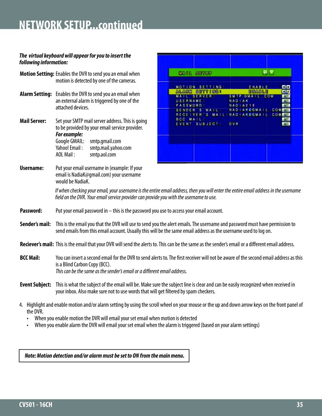 SVAT Electronics CV501 - 16CH instruction manual NETWORK SETUP...continued, Mail Server, Username, Password 