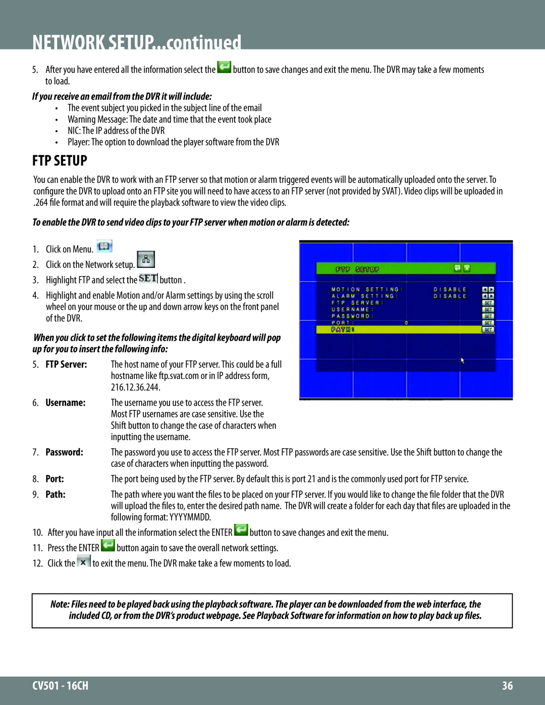 SVAT Electronics CV501 - 16CH instruction manual Ftp Setup, NETWORK SETUP...continued 