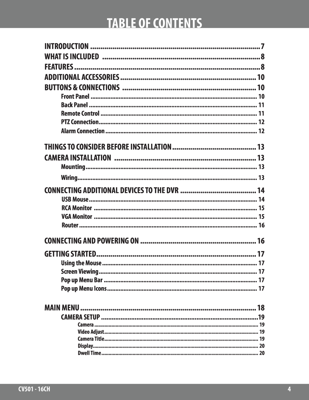 SVAT Electronics CV501 - 16CH instruction manual Table Of Contents, Main Menu 