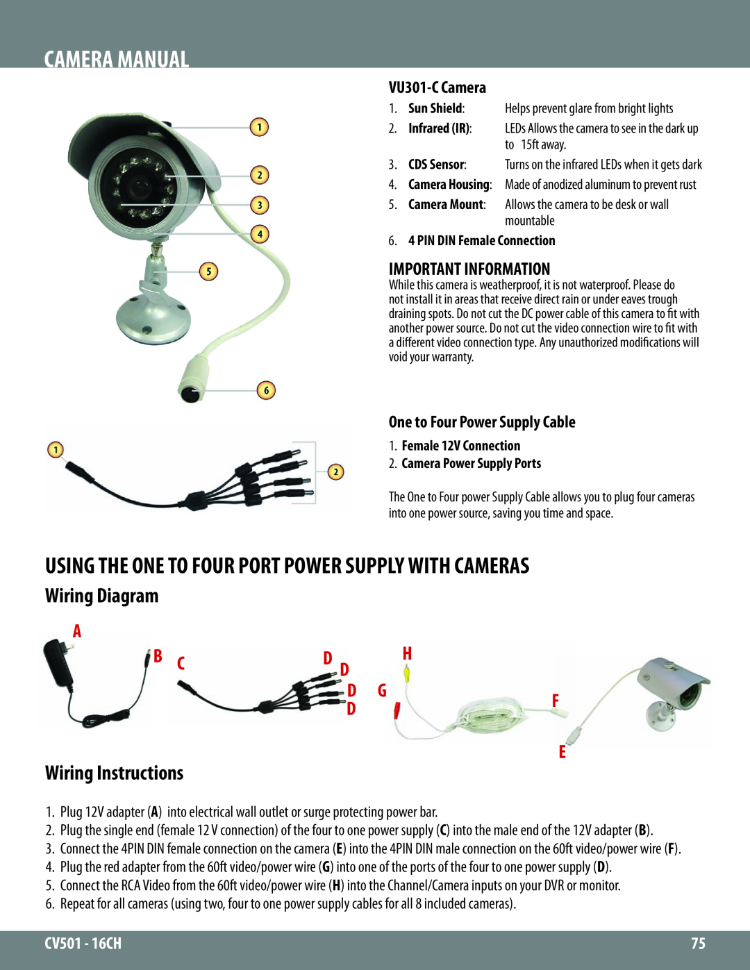 SVAT Electronics CV501 - 16CH Camera Manual, Wiring Diagram, Wiring Instructions, A B Cd D H D Gf D E, VU301-CCamera 