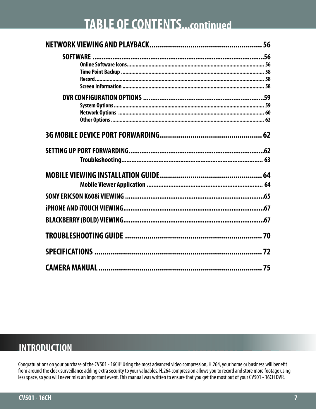 SVAT Electronics cv501-16ch manual Introduction, Table of Contents 