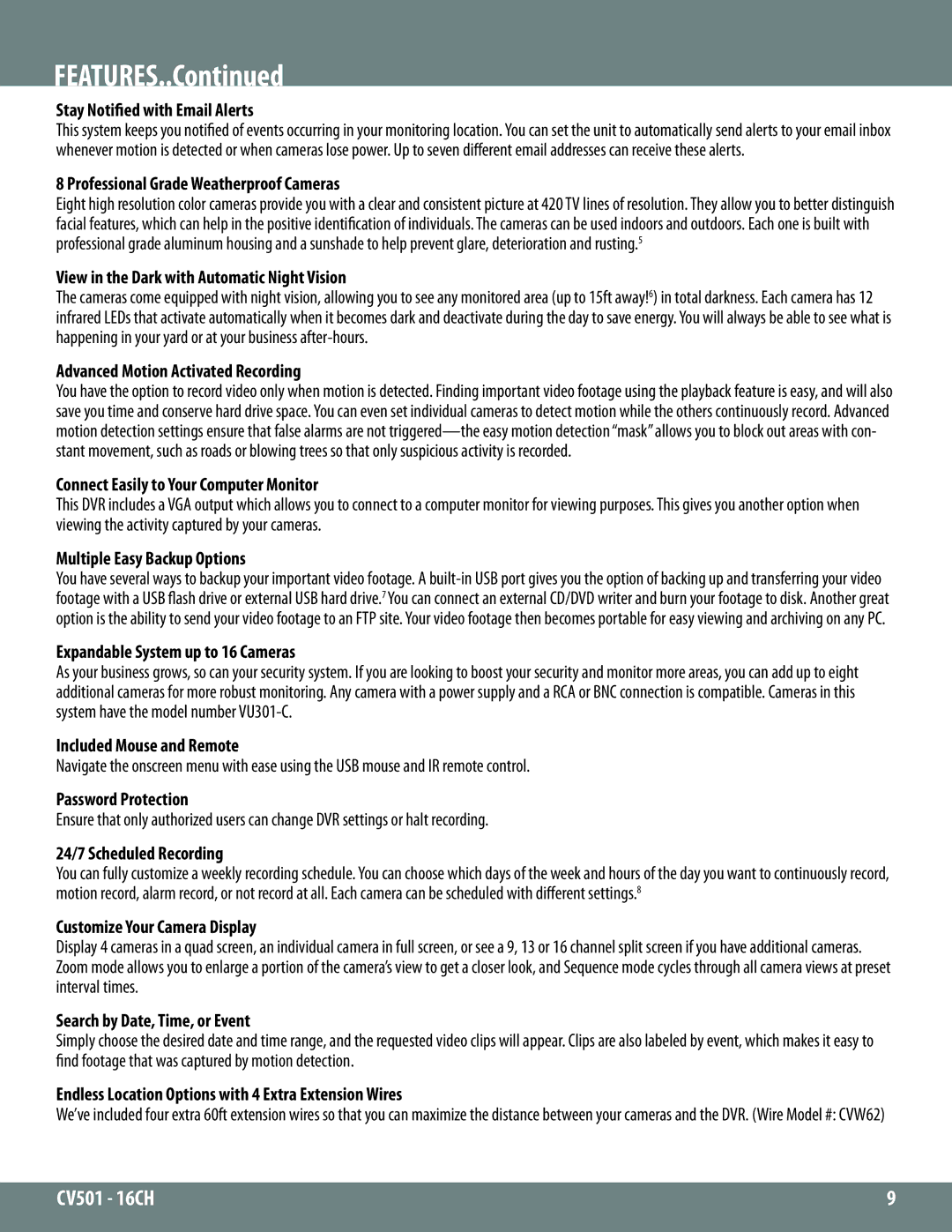 SVAT Electronics cv501-16ch manual Features 