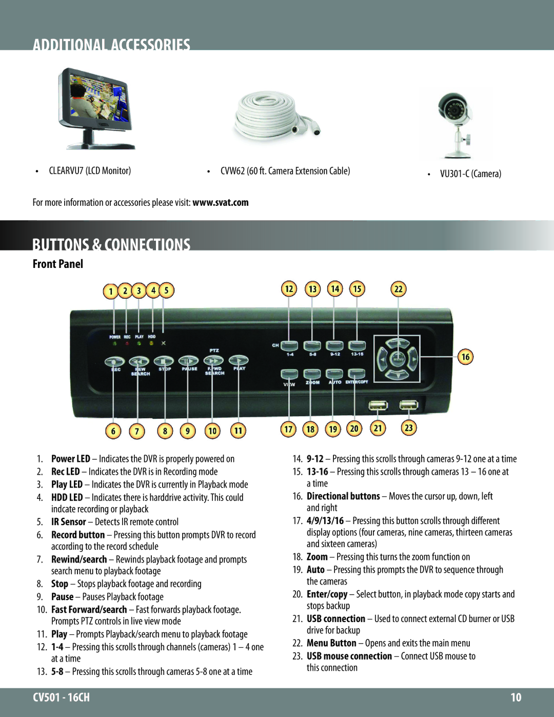 SVAT Electronics cv501-16ch manual Additional Accessories, Buttons & Connections, Front Panel 