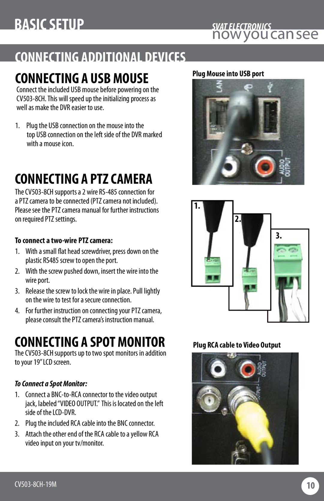 SVAT Electronics CV503-8CH Connecting a PTZ Camera, To connect a two-wire PTZ camera, Plug Mouse into USB port 