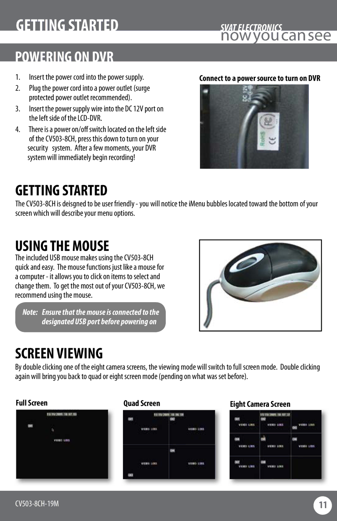 SVAT Electronics CV503-8CH instruction manual Getting Started, Using the Mouse, Screen Viewing 