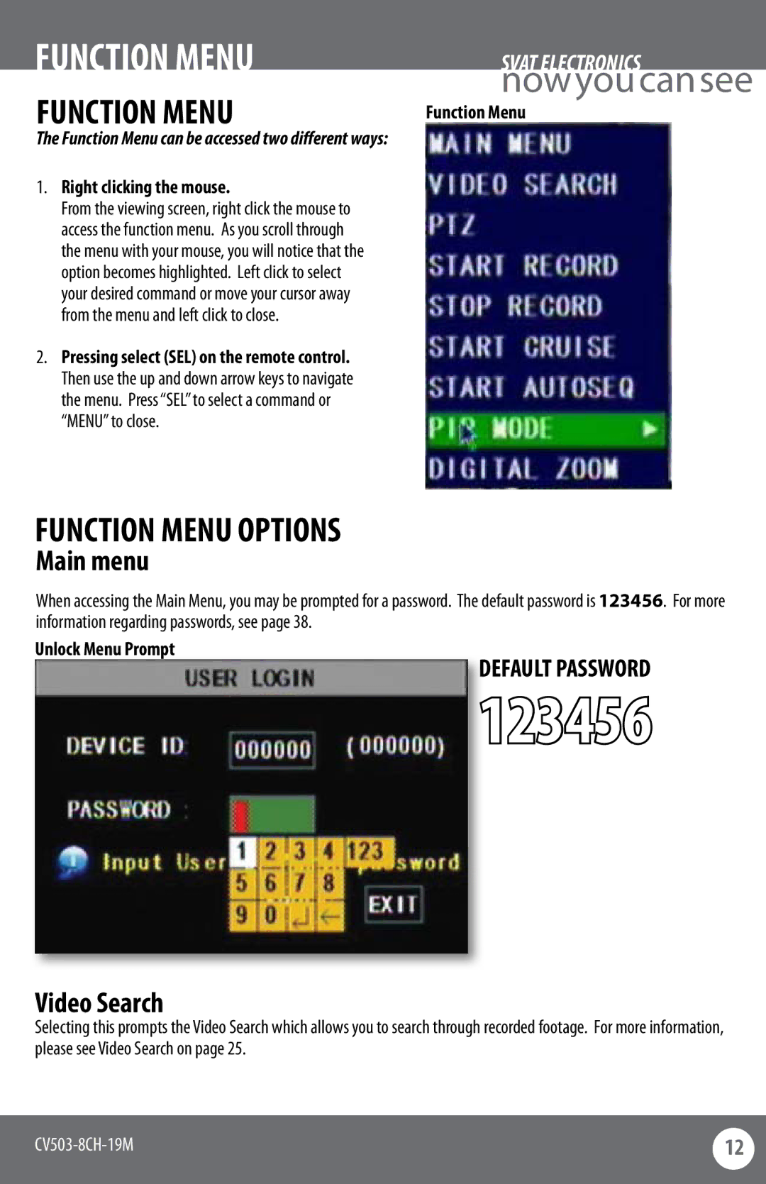 SVAT Electronics CV503-8CH instruction manual Function Menu Options, Main menu, Video Search 