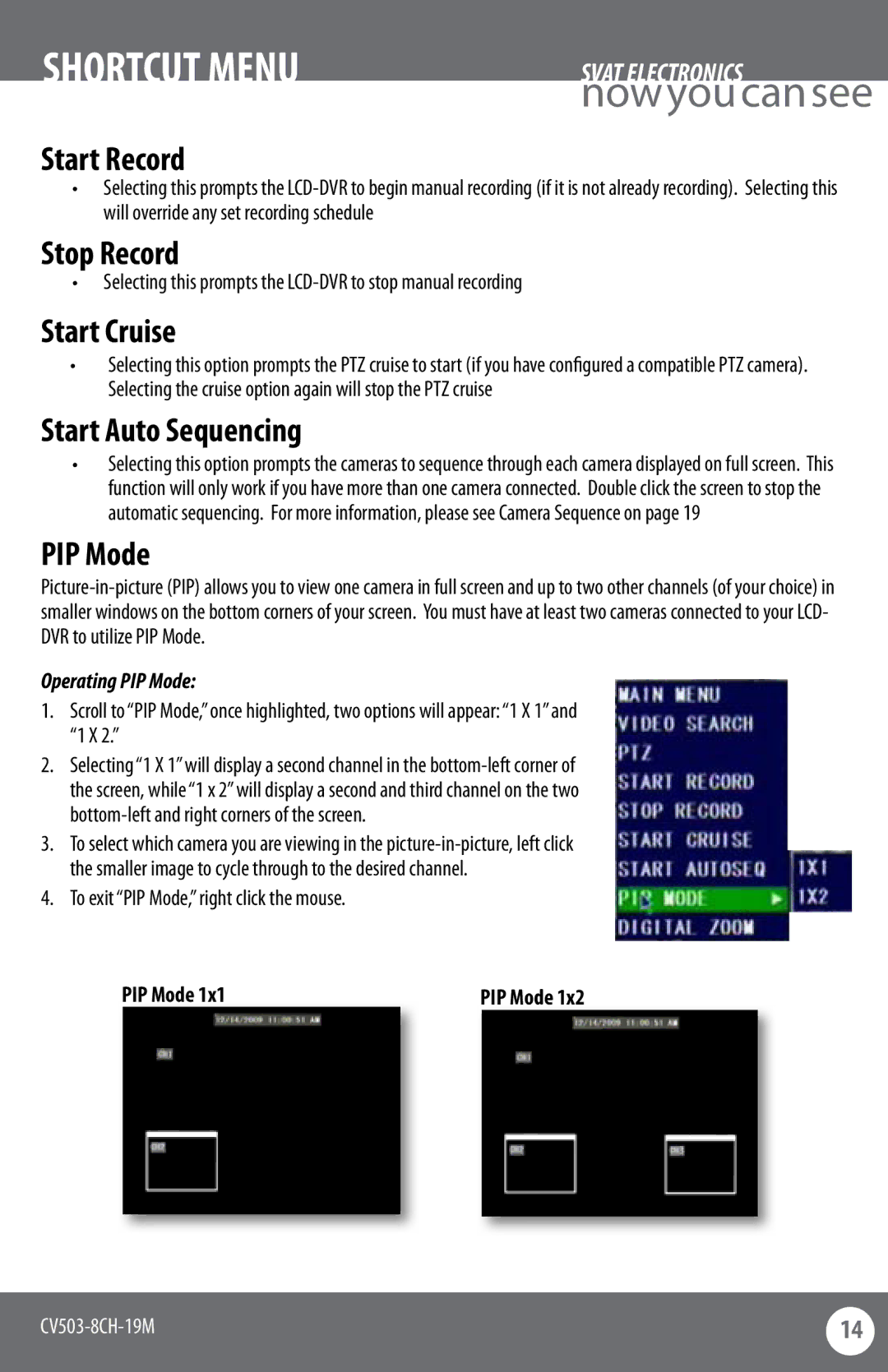 SVAT Electronics CV503-8CH instruction manual Start Record, Stop Record, Start Cruise, Start Auto Sequencing, PIP Mode 