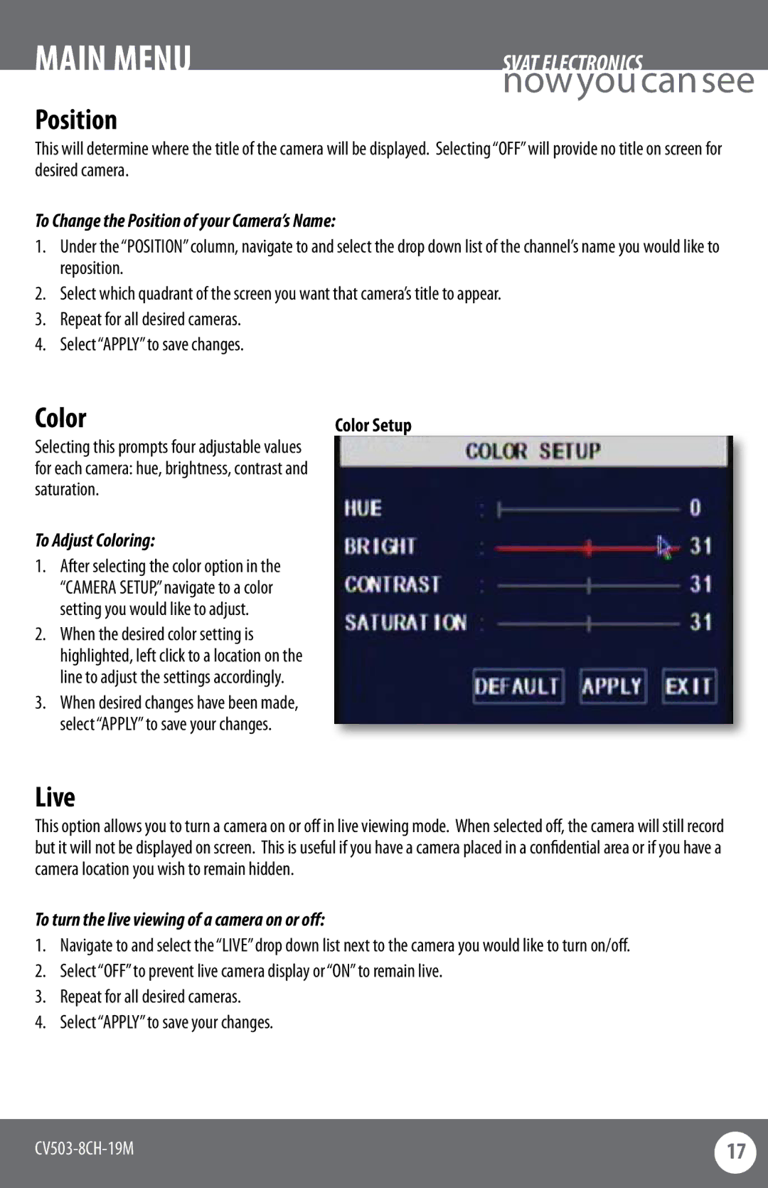 SVAT Electronics CV503-8CH instruction manual Position, Color, Live 