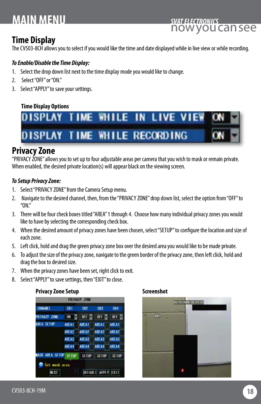 SVAT Electronics CV503-8CH instruction manual To Enable/Disable the Time Display, To Setup Privacy Zone 