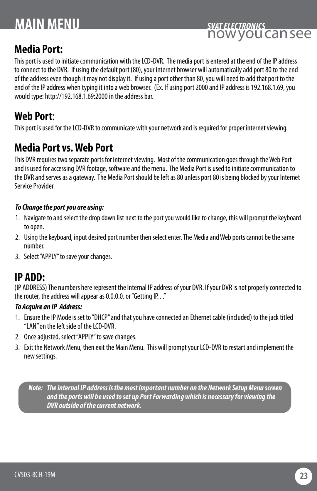 SVAT Electronics CV503-8CH instruction manual Media Port vs. Web Port, Ip Add 