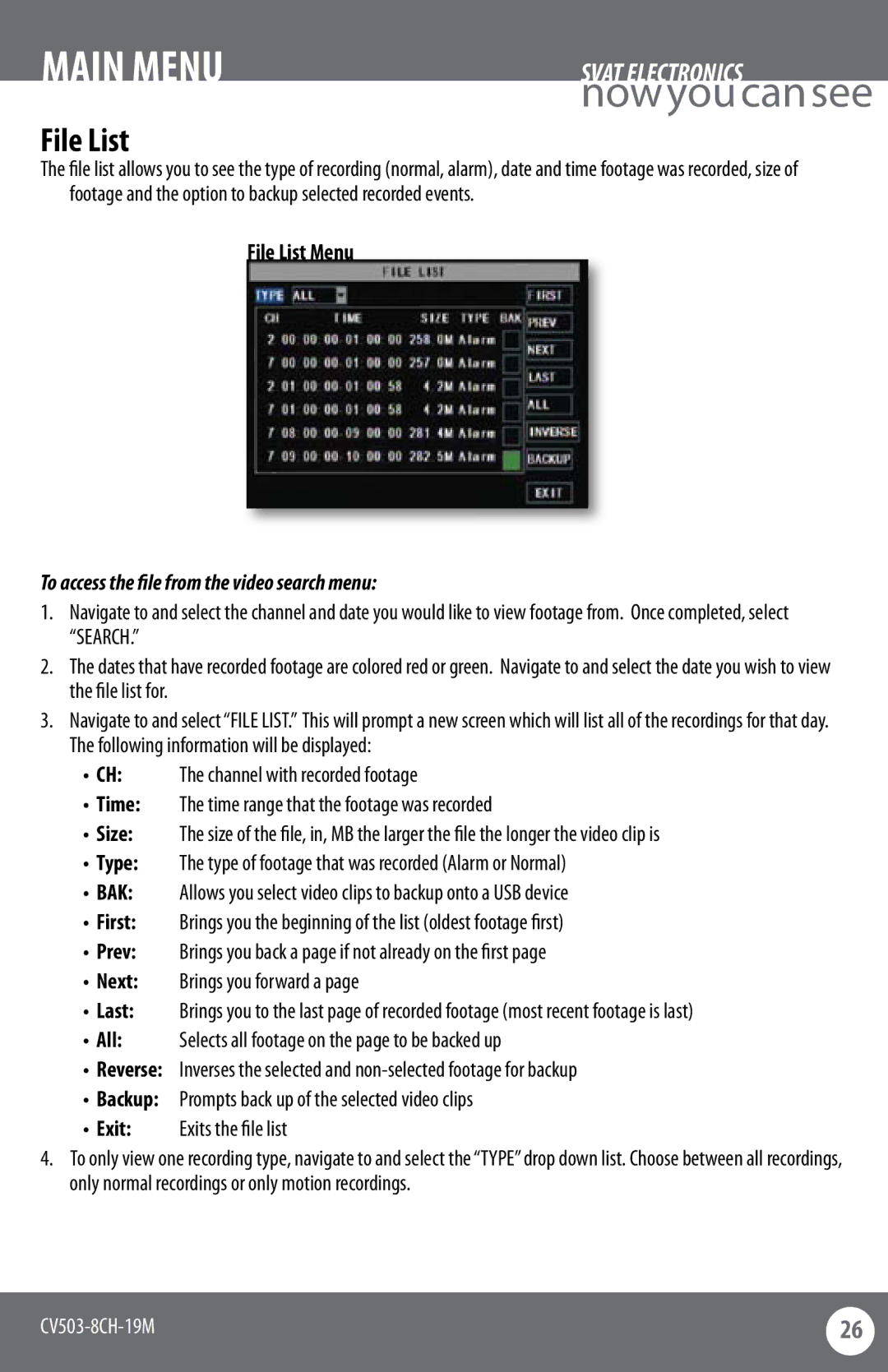 SVAT Electronics CV503-8CH instruction manual File List Menu, To access the file from the video search menu 