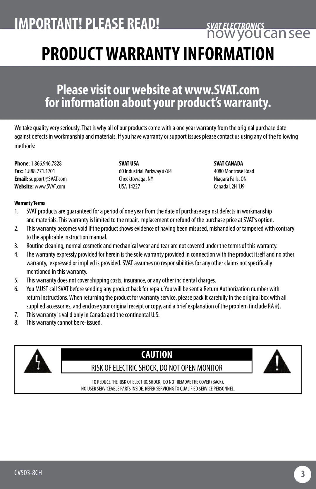 SVAT Electronics CV503-8CH instruction manual Product Warranty Information 