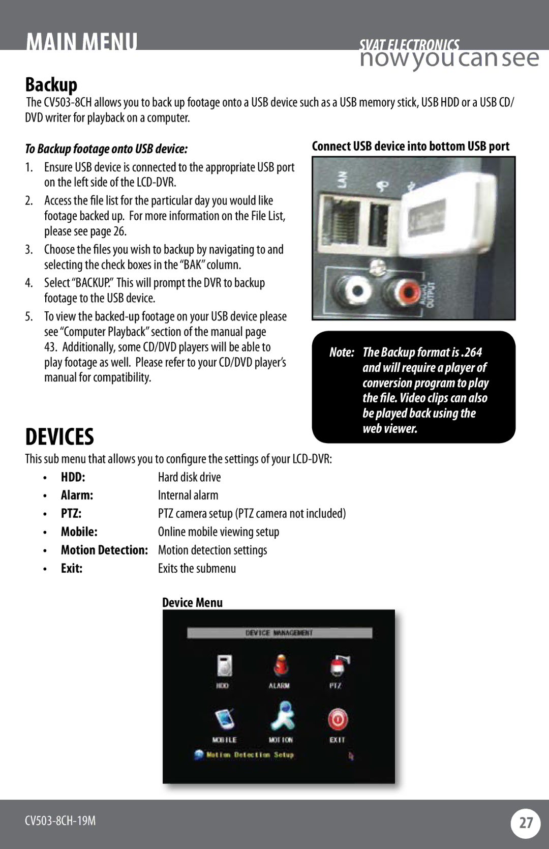 SVAT Electronics CV503-8CH instruction manual Devices, To Backup footage onto USB device 