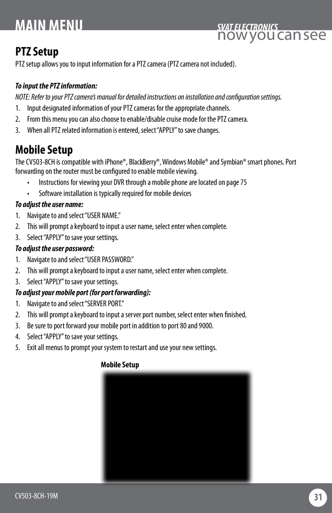 SVAT Electronics CV503-8CH instruction manual PTZ Setup, Mobile Setup 