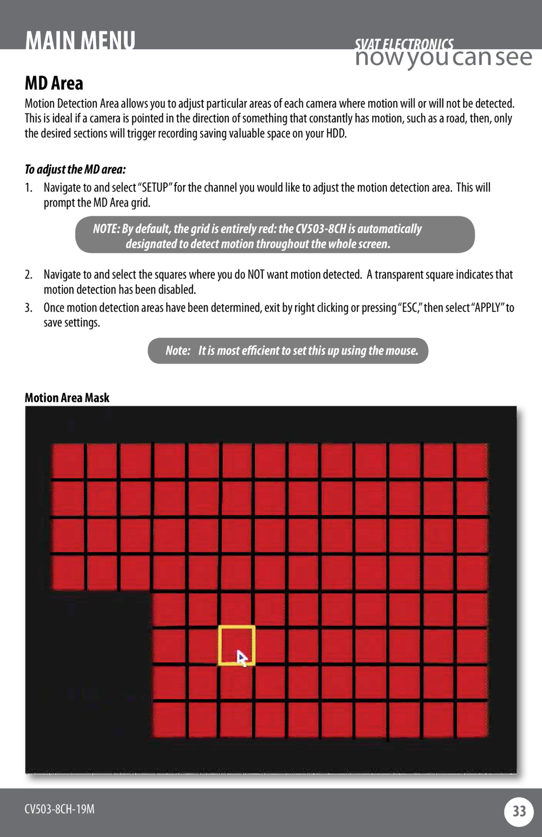 SVAT Electronics CV503-8CH instruction manual MD Area, To adjust the MD area, Motion Area Mask 