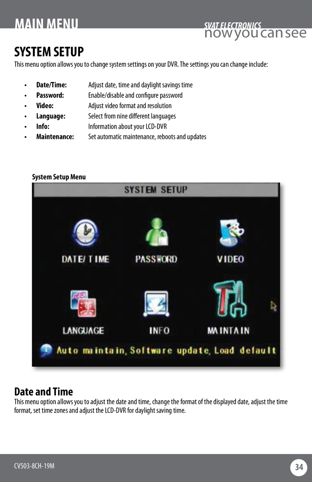 SVAT Electronics CV503-8CH System Setup, Date and Time, Info, Maintenance Set automatic maintenance, reboots and updates 