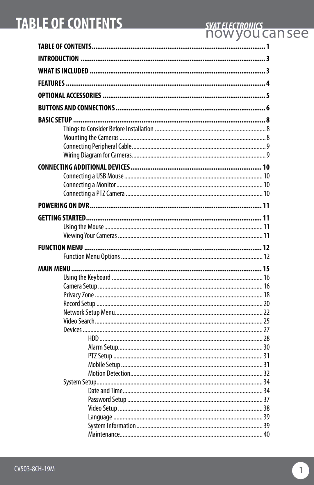 SVAT Electronics CV503-8CH instruction manual Table of Contents 