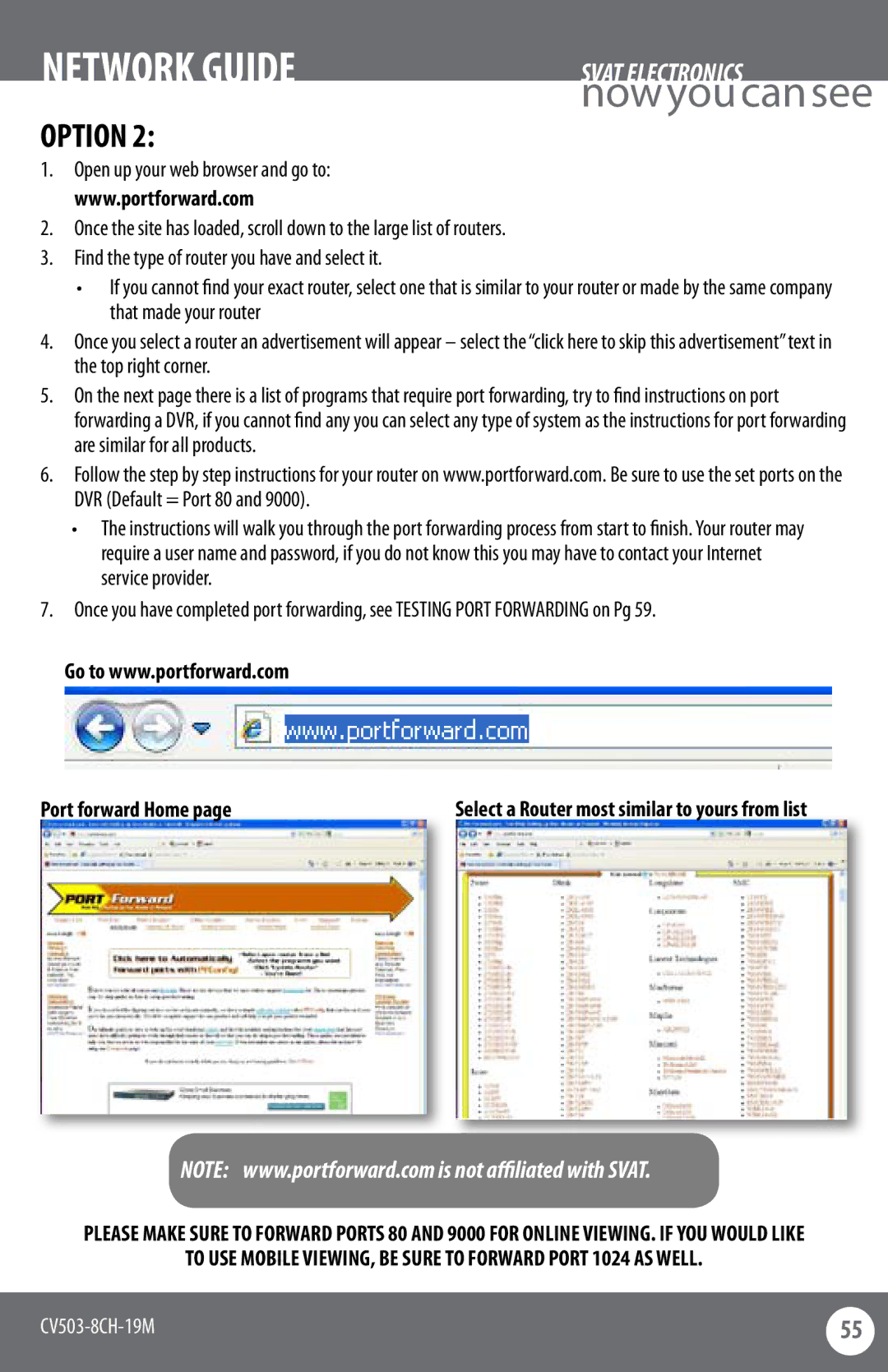 SVAT Electronics CV503-8CH instruction manual Option, Port forward Home 