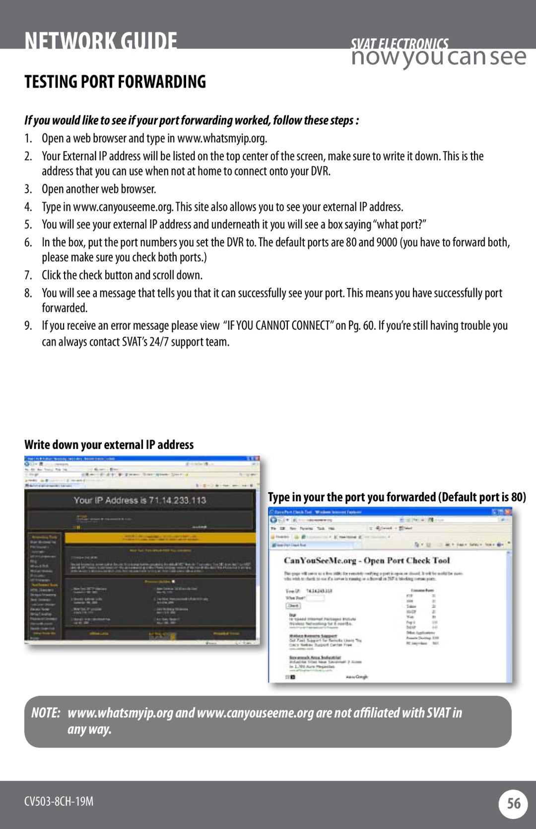 SVAT Electronics CV503-8CH instruction manual Testing Port Forwarding, Open another web browser 