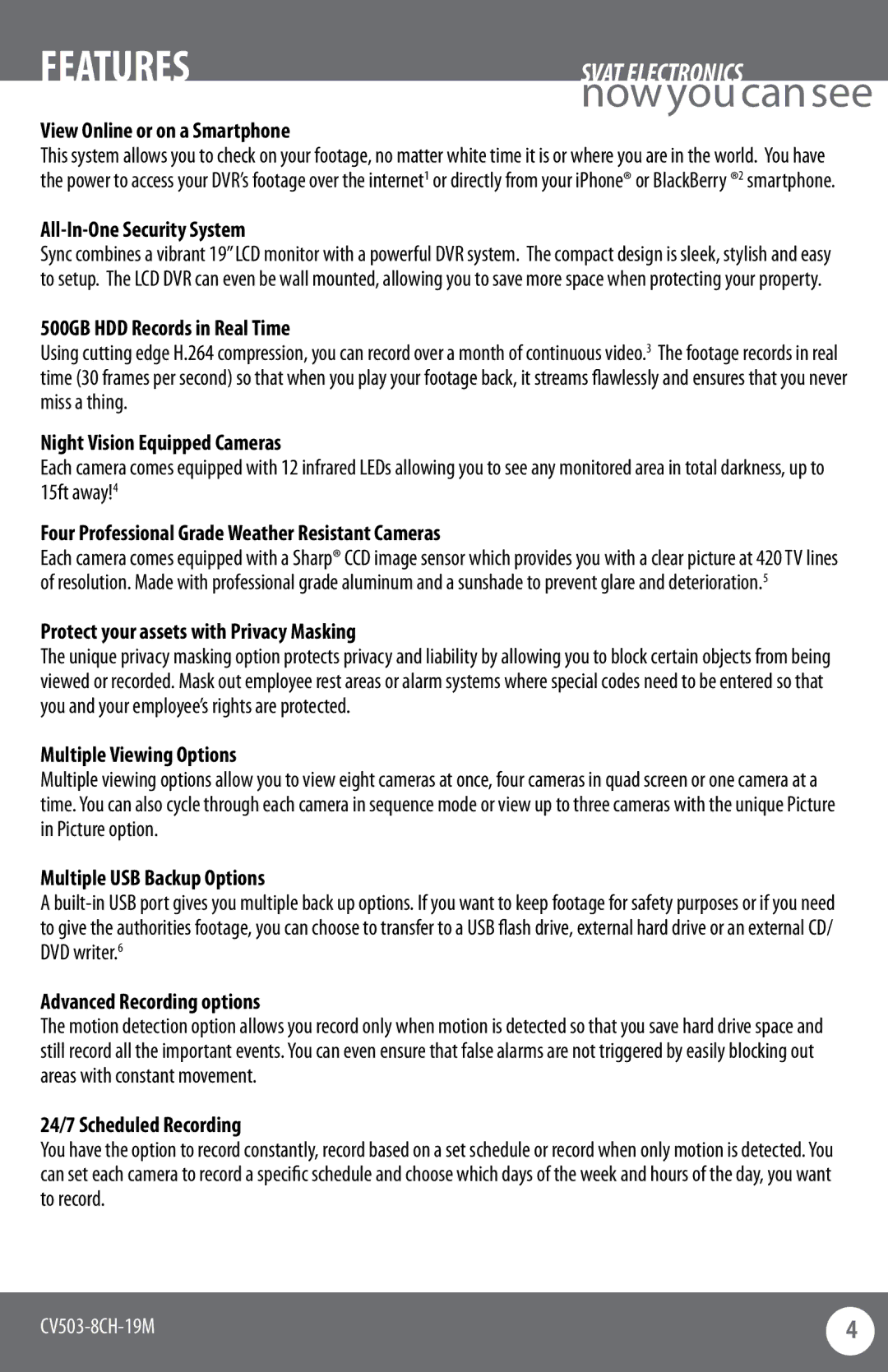 SVAT Electronics CV503-8CH instruction manual Features 