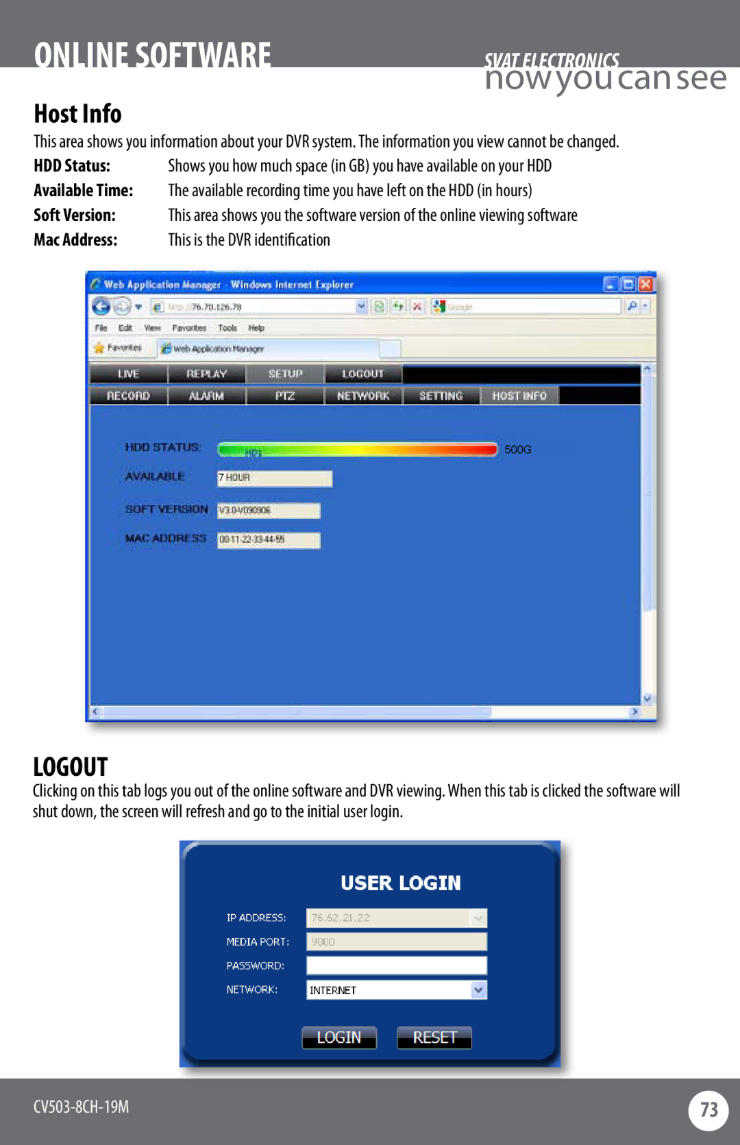 SVAT Electronics CV503-8CH instruction manual Host Info, Logout 