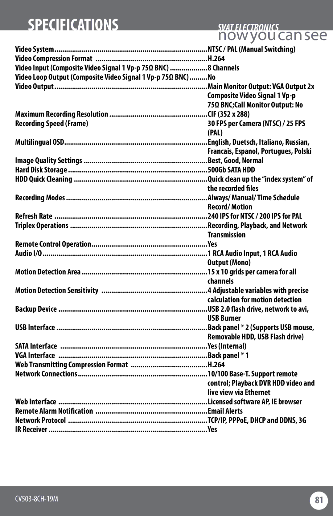 SVAT Electronics CV503-8CH instruction manual Specifications 