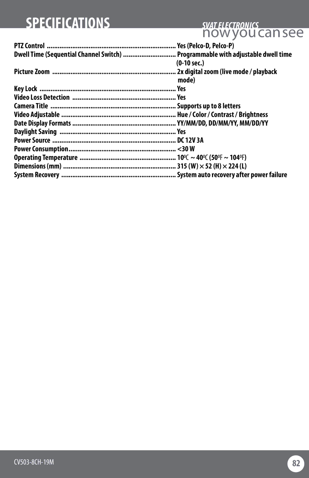 SVAT Electronics CV503-8CH instruction manual Yes Pelco-D, Pelco-P, 10 sec, Mode, Supports up to 8 letters, DC 12V 3A, 30 W 