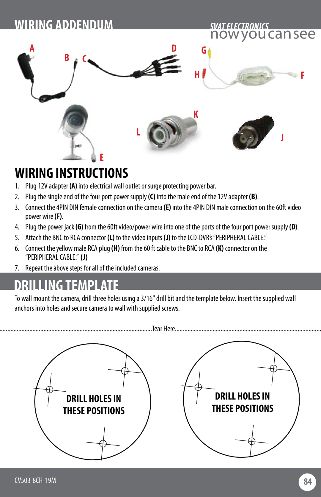 SVAT Electronics CV503-8CH instruction manual Drilling Template, Wiring Instructions 